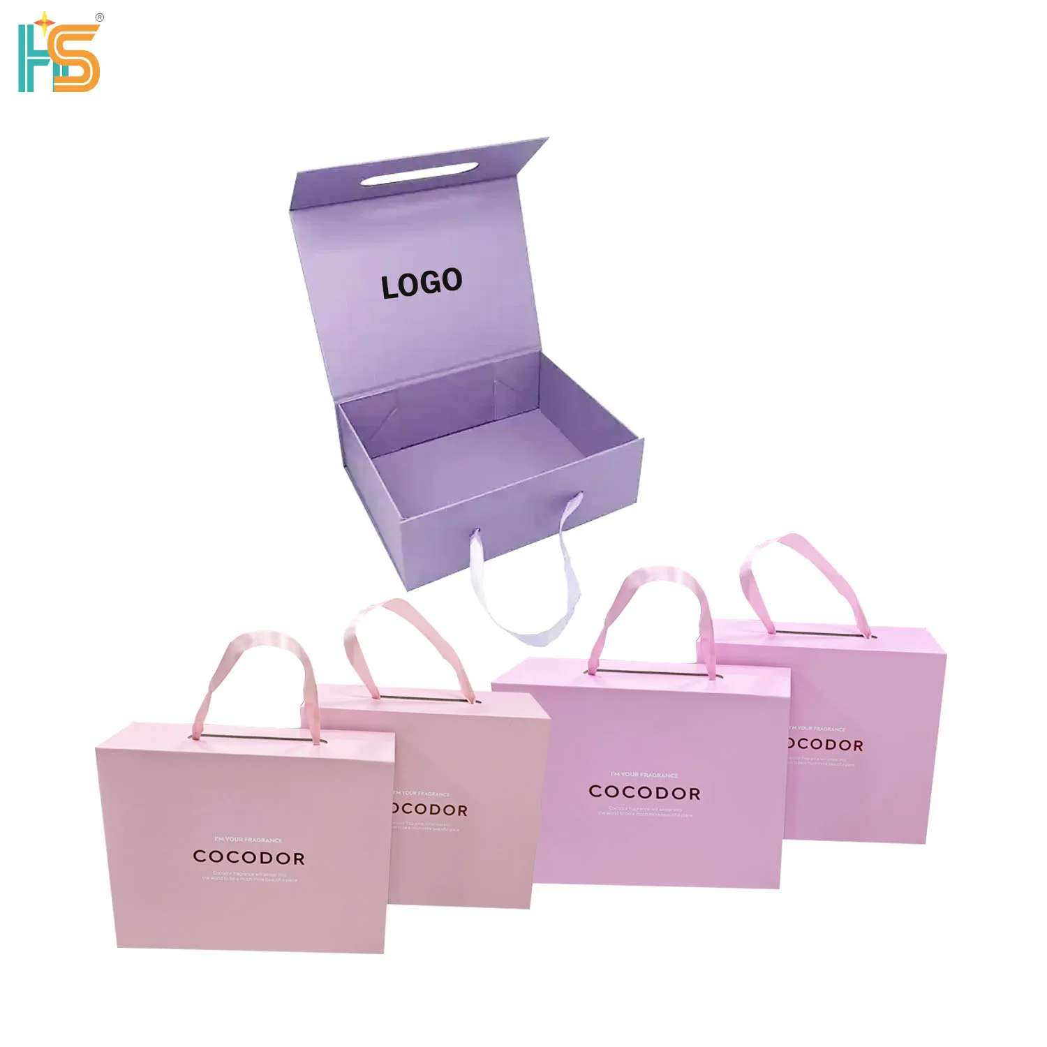 HOT selling Magnetic Gift Box Packaging Ribbon Handle Folding Custom Logo Hard Rigid Cardboard Paper Black Pink Clothing Insert