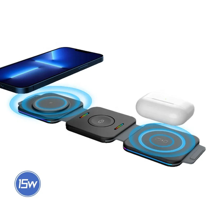 Newest arrived 3 In 1 Folding Magnetic Wireless Charger 15w Fast Charging Stand Phone Support Portable Foldable Wireless Charger