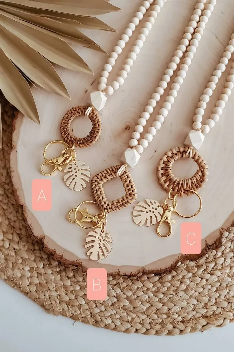 CUSTOM BOHO LANYARD Rattan Wooden Beaded Lanyard With Leaf for Teacher Necklace Handwoven