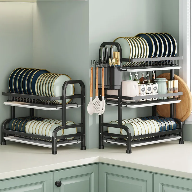Kitchen Cabinet Organizer Dish Rack 2 Tier White  Metal Dish Rack With Tray