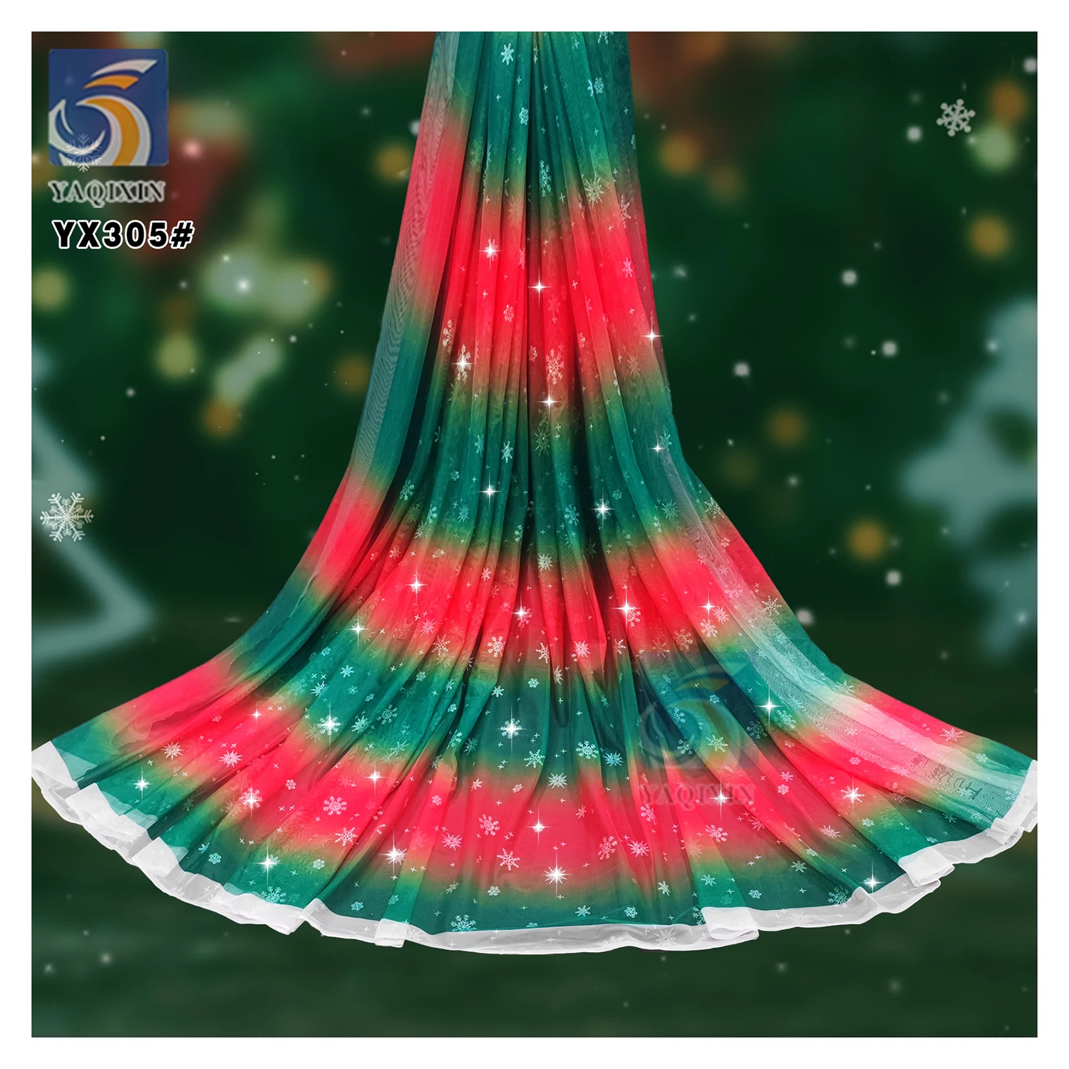 YX305-1 Non-shedding Glitter Rainbow Snowflakes Tulle Fabric Polyester Mesh Christmas Holiday Fabric for Kids