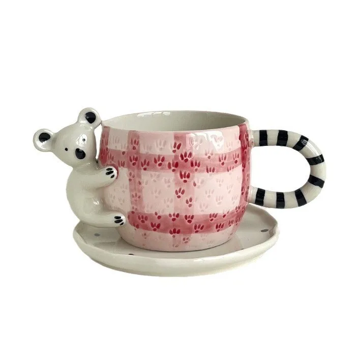 Creative 3D embossed hand painted animal ceramic coffee cup and saucer set cute cartoon under glaze color afternoon tea cup set