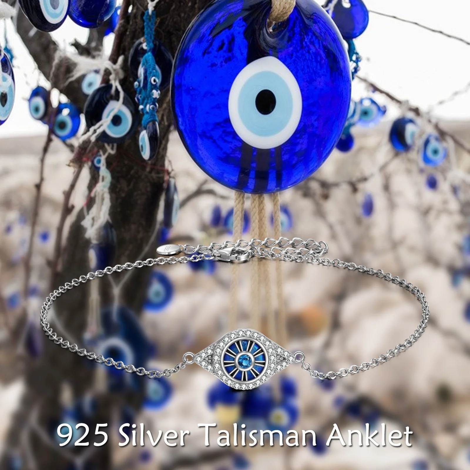 Wholesale OEM/ODM Jewelry 9+2inches 925 Sterling Silver Eye Foot Blue Cable Chain Talisman Anklets