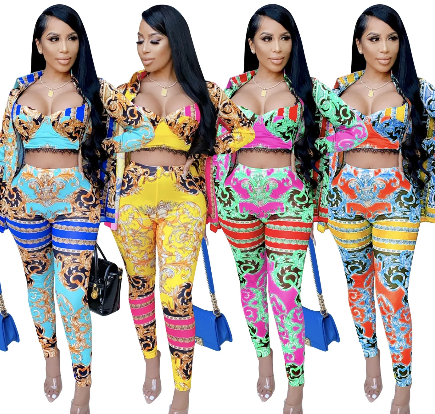 
2021 latest women Milk fiber digital print sleeveless tank top+trouser+coat three-piece casual suit 