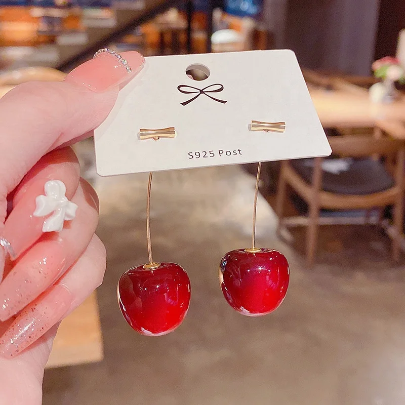 High Quality Gold Plated Fashion Fruit Acrylic Red Cherry Earrings For Women