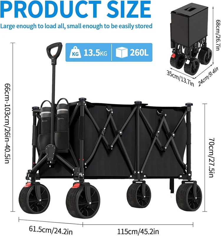 Utility Wagon Cart Picnic Party Large Capacity Shopping Sports Cart Collapsible Folding Beach Wagon  Camping Garden Cart