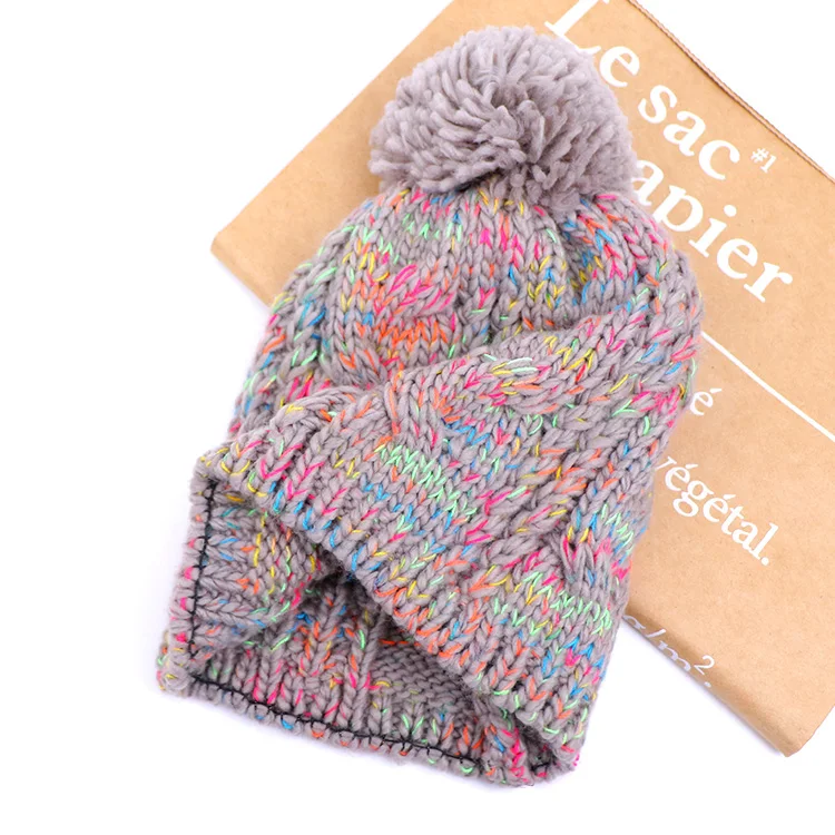 winter warm thick women beanie hat confetti flecked mix color yarn acrylic custom cable knit beanies with pom pom