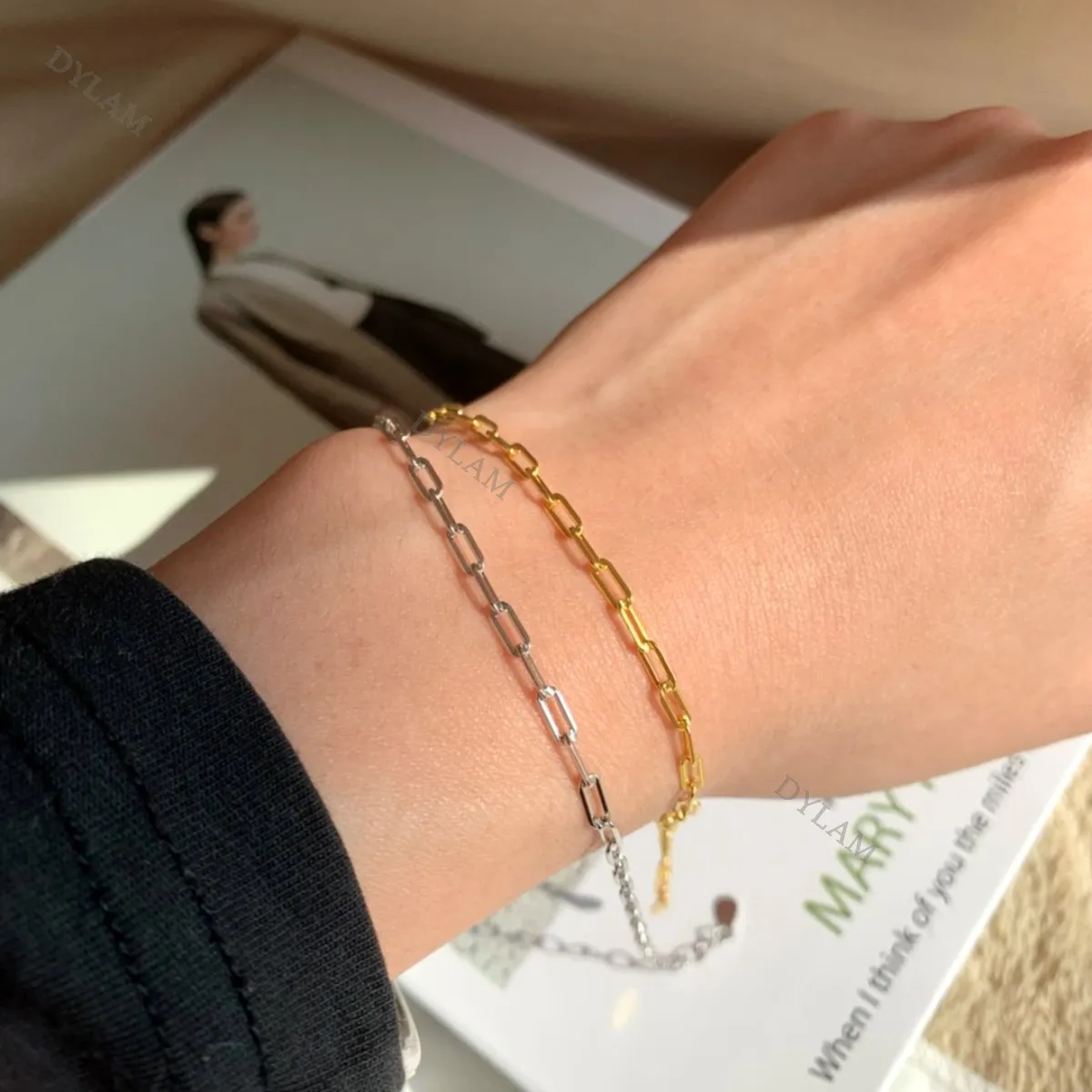 Dylam Modern Classic 925 paperclip link chain simple bracelet sterling silver bracelets for women paper clip choker adjustable
