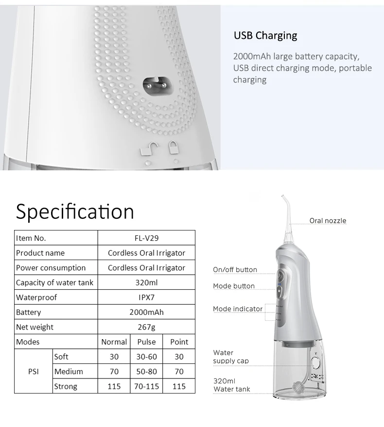 
Water Flosser Professional Cordless Dental Oral Irrigator 320ML Portable Water Tank 9 Modes and 4 Jet Tips 