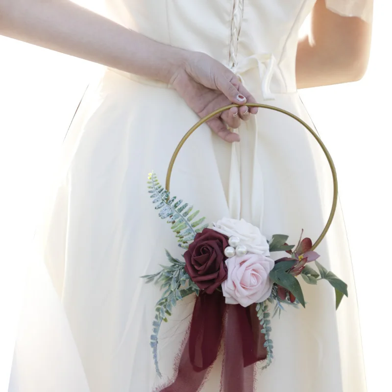 Wedding bridesmaids holding  Artificial Flower Hoop Wreath Garland Hanging for Front Door Backdrop Wall Rose