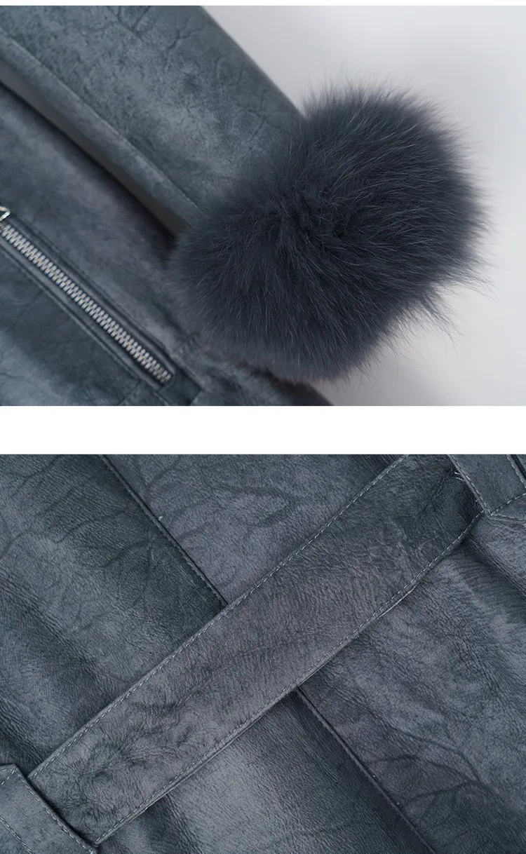 Fashion Luxury Big Real Fox Fur Collar Waist Belt Long Style Genuine Rabbit Skin Double Face Leather Coat With Fur For Ladies