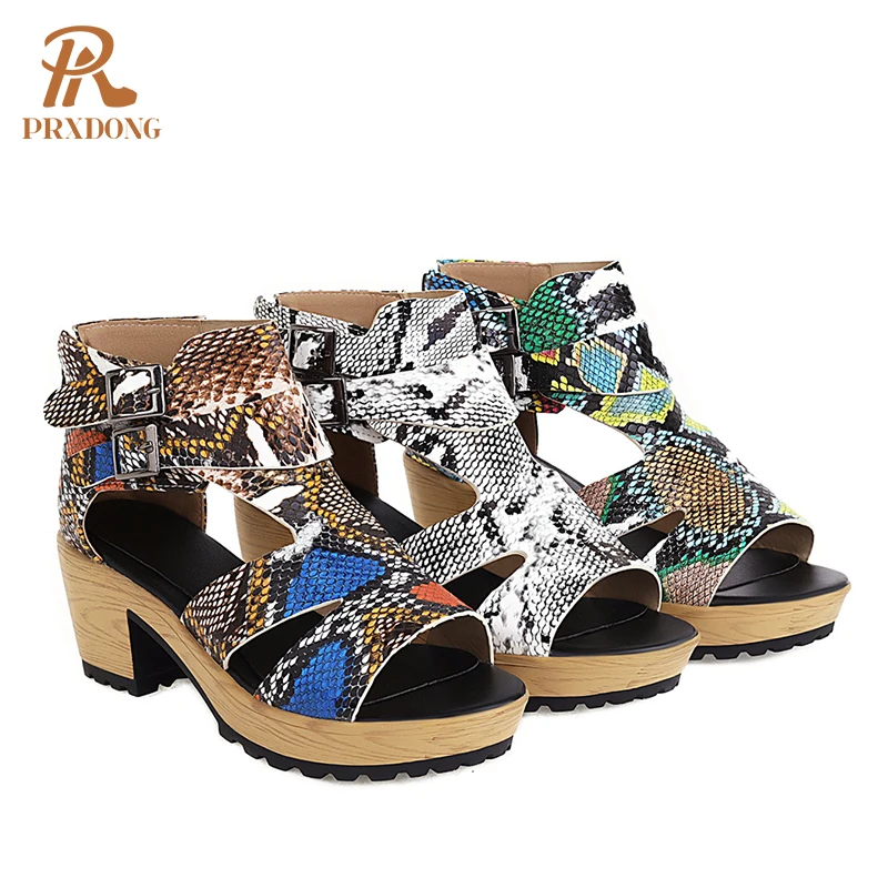
Summer Autumn Women Open Toe Casual Pumps Snake Pattren Mixed Color Female Sandals High Heels Platform Shoes Buckle Zip Big Size 