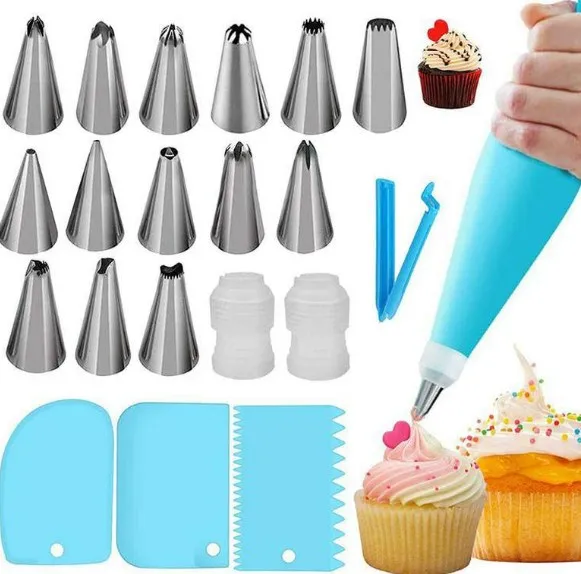 Wholesale hot sale stainless steel cake decorating set tips nozzles set with partstry bags, cupcakes, nails, and brush(21 pcs/set)
