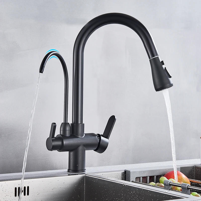Purification Kitchen Faucets Black Pull Out Kitchen Water Filter Tap 3 Way Mixer torneira para cozinha de parede Crane