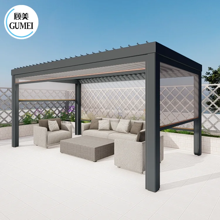 Waterproof Outdoor Pergola Garden Pergola Aluminium Outdoor Motorized Louvered Pergola Gazebo Outdoor With Sliding Glass Door