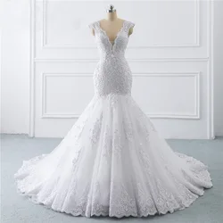New Production Plus Size Sequin Pearl White Fashion Vestido De Noiva Bridal Tulle Mariage Women Wedding Dress
