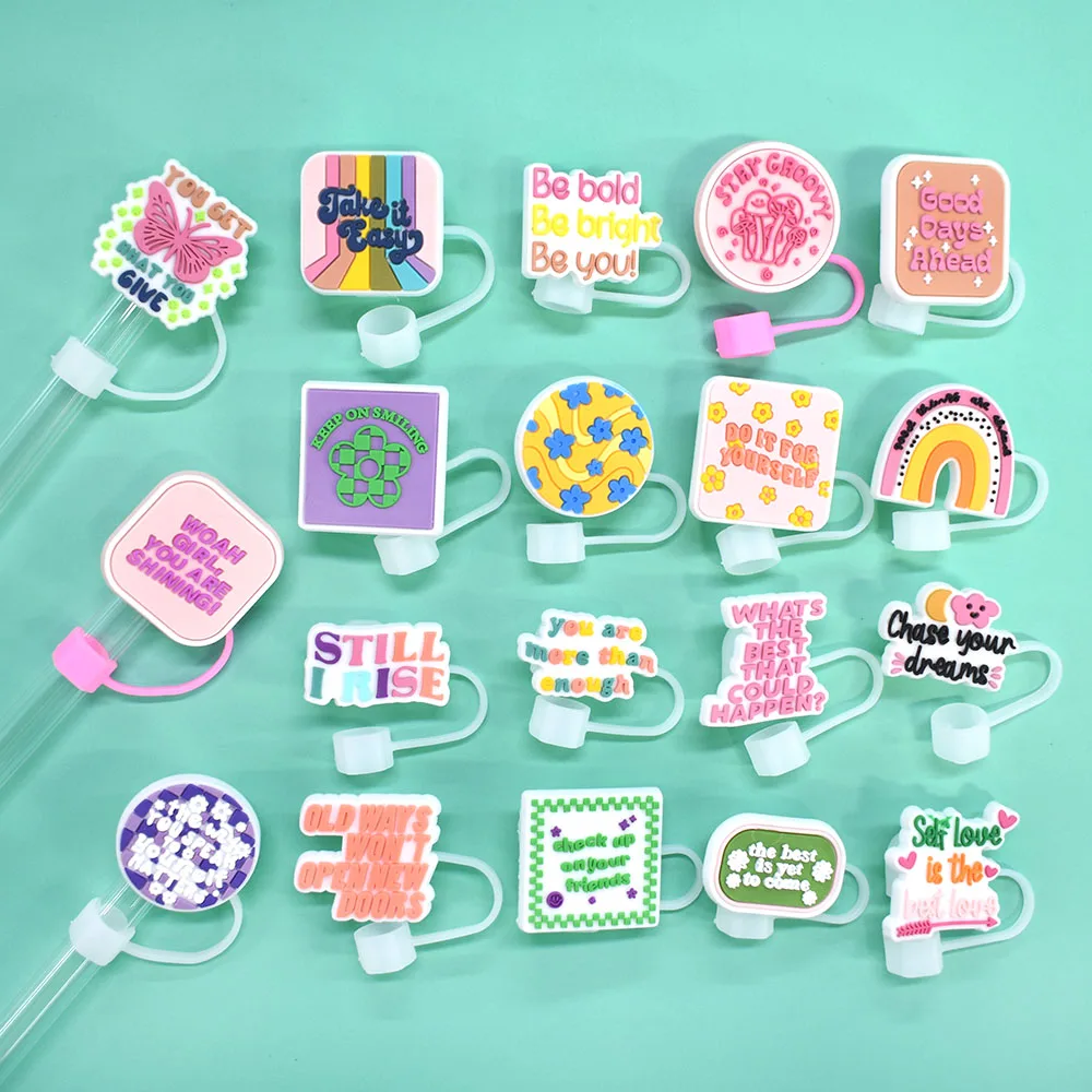 Wholesale Bulk PVC Bar Accessories 10mm Slogan Straw Topper Charms Straw Tips Cover Drinking Accessories for Tumblers Usage