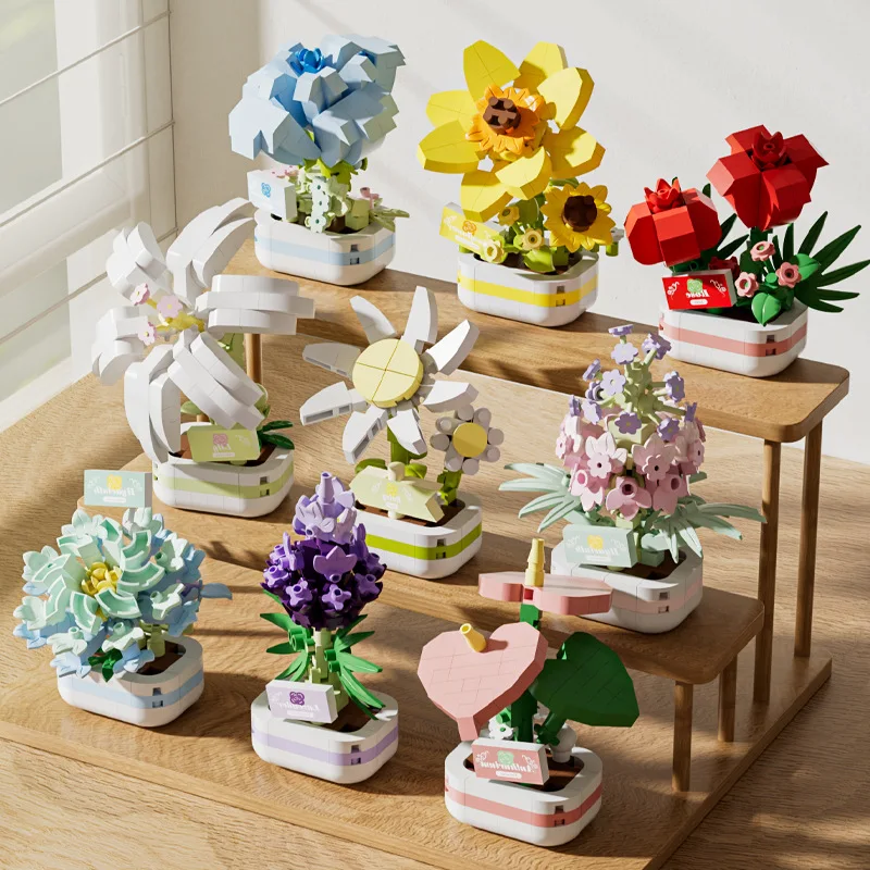 Unisex Hot Romance Rose Tulip Succulent Potted Plant Flower Building Block Sets Educational Kids Adult Toy Plastic Gift Idea