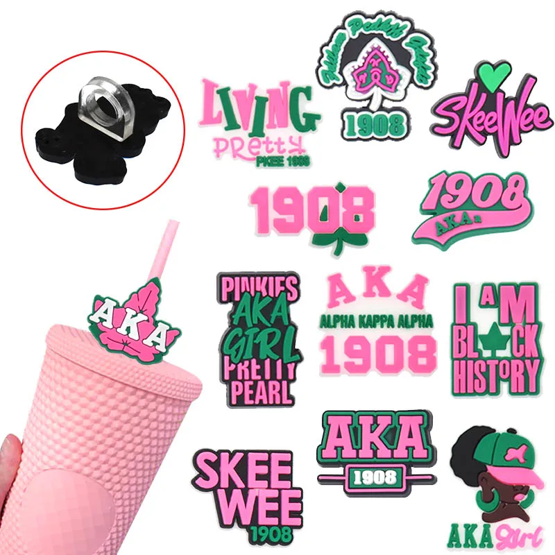 Wholesale Factory Price Tumbler 1908 Aka Theme Pink And Green Sorority Straw Topper Charms Aka Gifts Cup Accessories