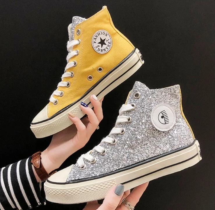 
2019 Latest design women fashion sneakers casual flat lady canvas sport shoes high top glitter bling board shoes 