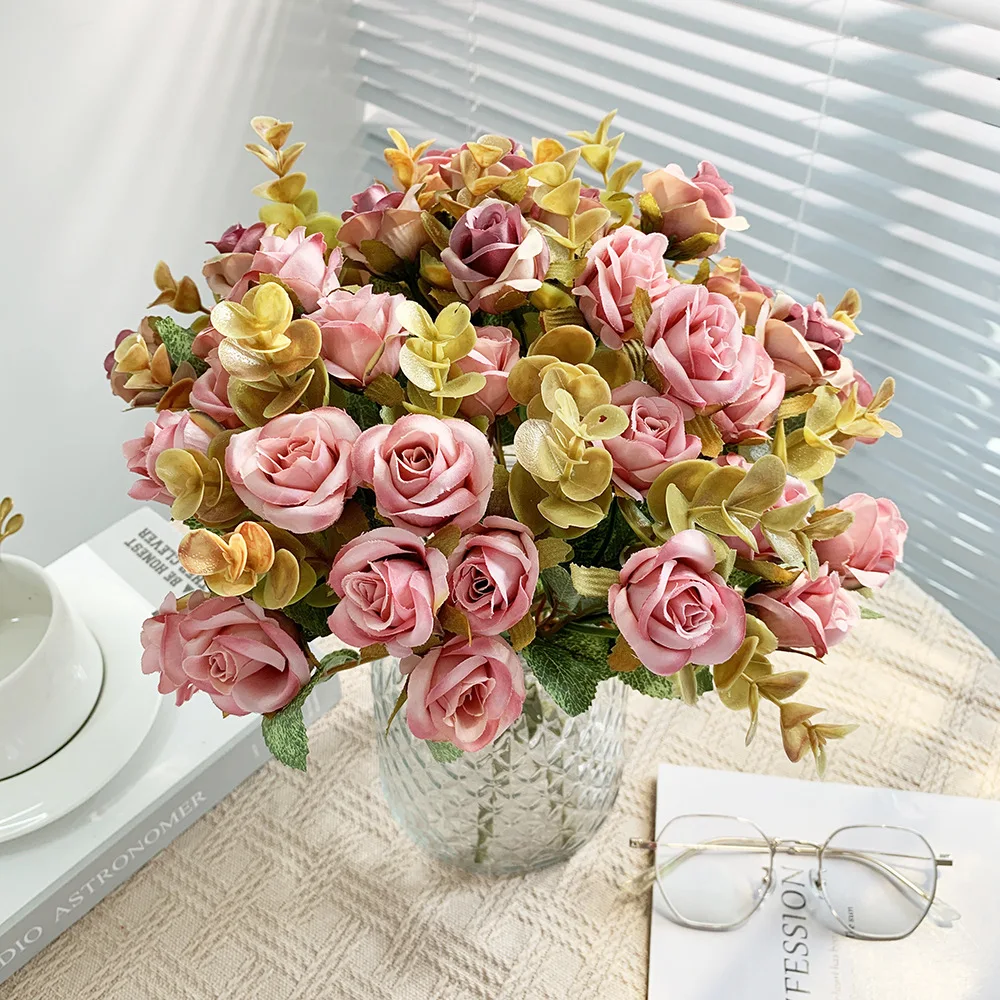 SEASON Autumn  Mini Roses Flower  with Eucalyptus Bush Wedding Decoration Flower Arrangement Artificial Rose Bouquet