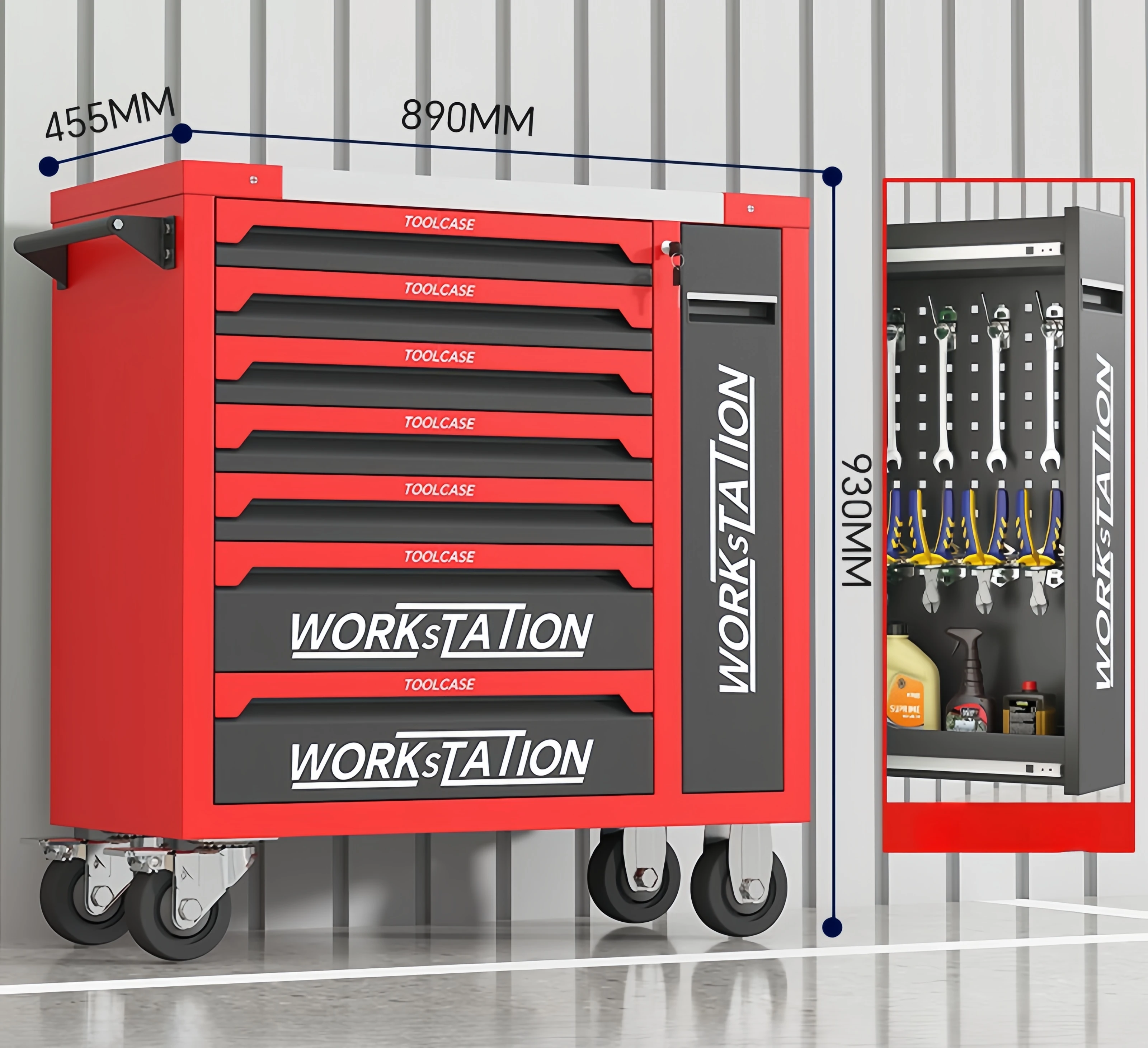 RED 7-Drawer Rolling Tool Cabinet Iron Workbenches with Powder Coating Finish for Tool Storage ALL ONE TECH