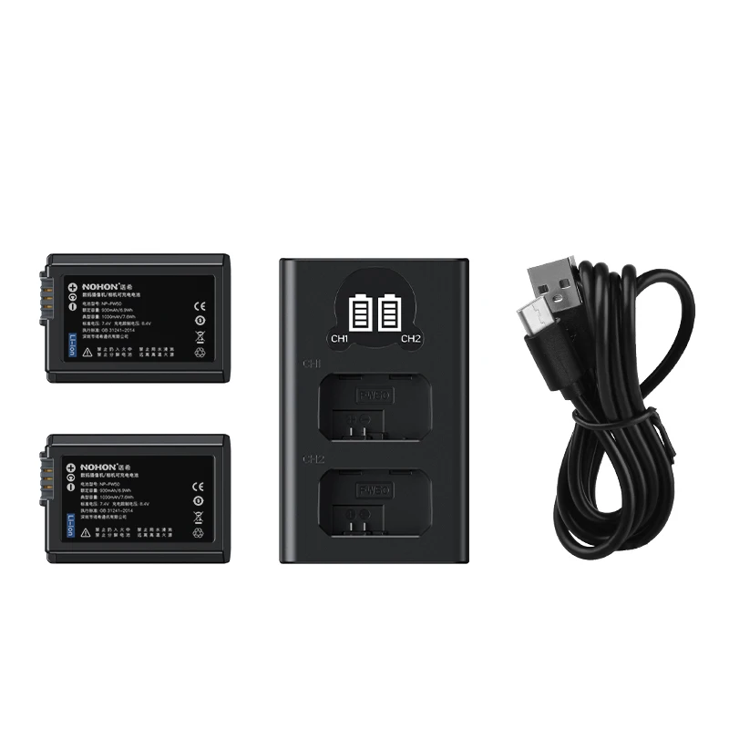 NOHON 2Pcs NP-FW50 NP FW50 Battery + LED Dual USB Charger for Sony NEX-5 NEX-3 A6100 A6000 A6400 Li-ion Digital Batteries suit