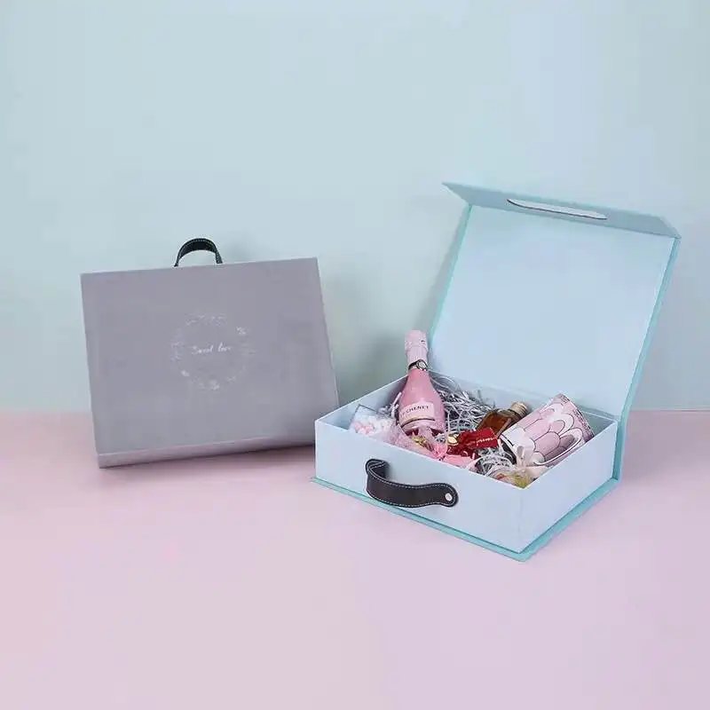 Customized luxury Velvet suitcase baby gift packaging box Decorative Suitcase Shaped Gift Cardboard Boxes with handle