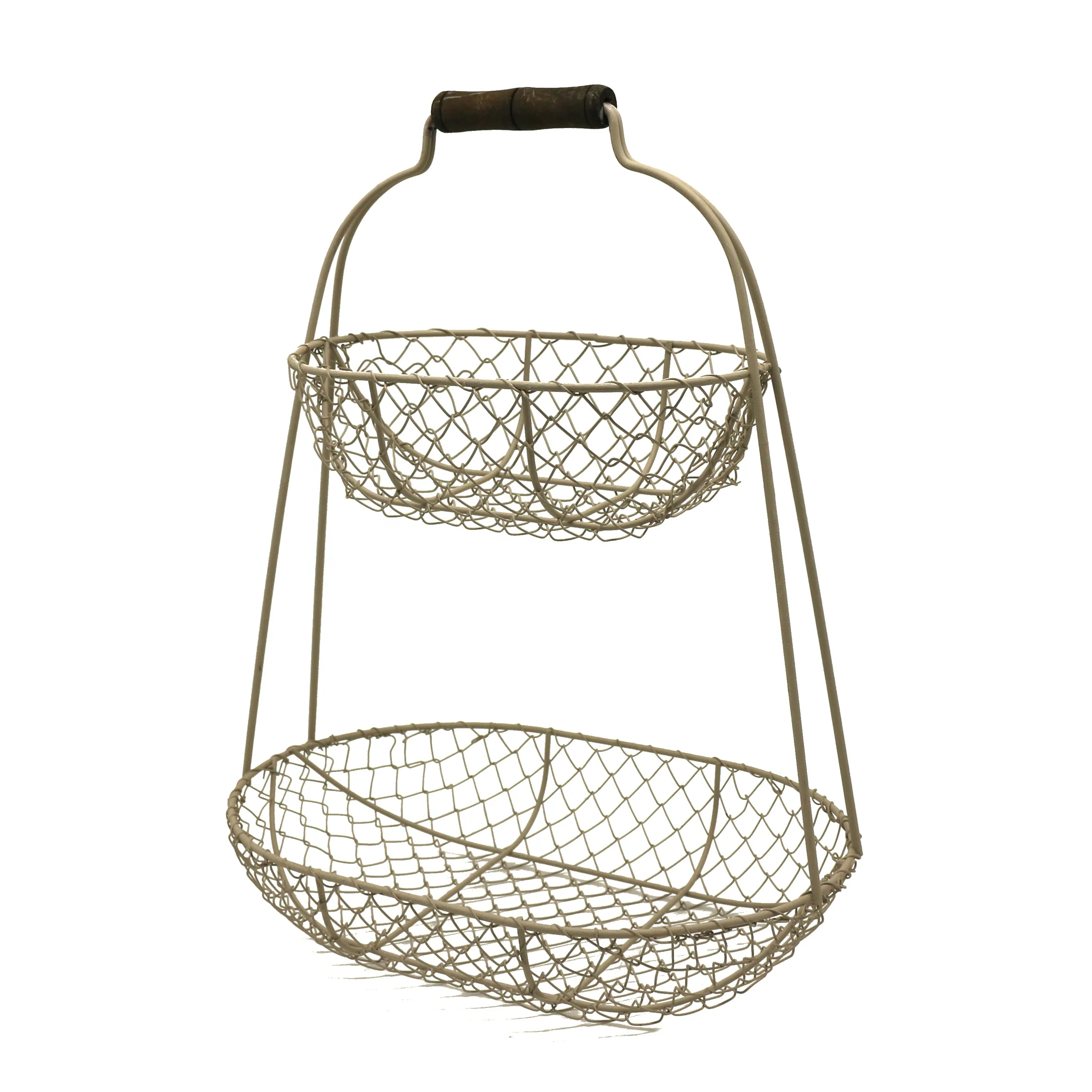 
Rustic Chicken Wire 2 Tier Fruit Basket Metal Gathering Basket with Handle Country Vintage Style Storage Basket. Grey 
