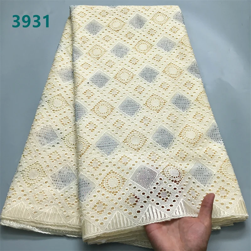 Luxury Pure Color African Cotton Lace Fabric with Crystals 2024 High Quality Swiss Voile Lace Fabric for Wedding Dresses 3931