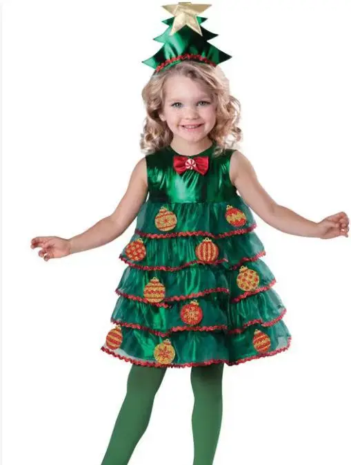 Christmas Tree Kid Cosplay Costume Stars Lights Decorate Dress Carnival Xmas Party Performance Stage Girl Fancy Dress