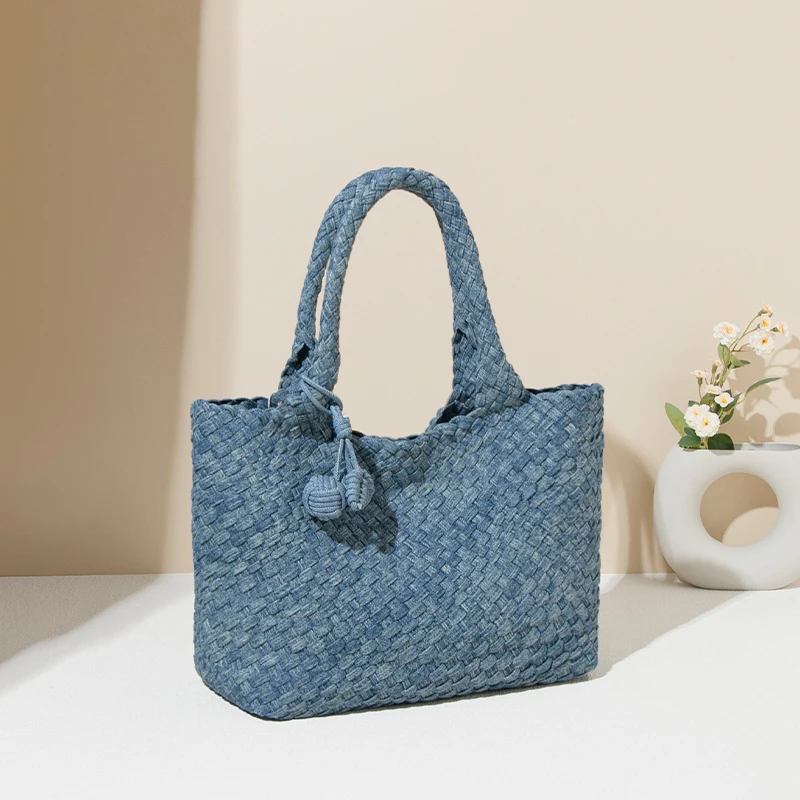 Factory direct new ladies bag fashion senior denim full handmade weaving bag handbag shoulder large capacity   travel tote bag