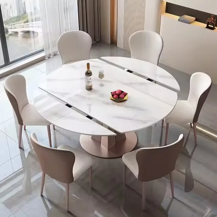 Light luxury Table Pink Marble Dining Table Set 6 Chairs Gold Metal Steel Stainless Simple Modern Furniture Round Table