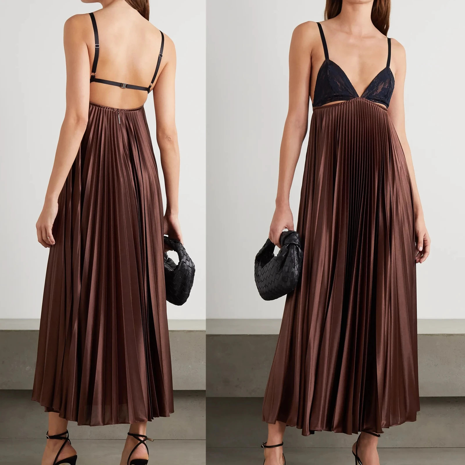 Hot Sale Fashion Summer Date Special Beautifully Lace Triangle Cups Cutout Lace-paneled Pleated Maxi Dresses