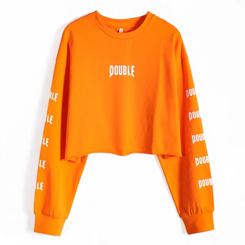 2022 new style hoodies style women hooded neon orange letter graphic crop sweatshirt women hoodies