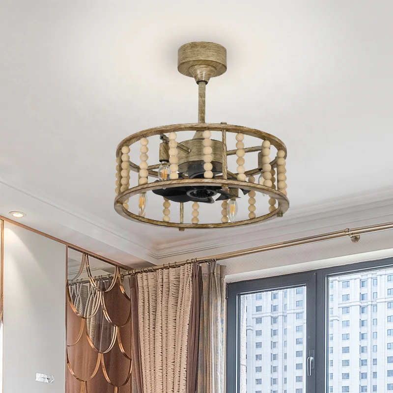 New modern Boho Ceiling Fan with Lights and Remote Caged Wood Bead Flush Mount Ventilador De techo LED Ceiling Fan Chandelier
