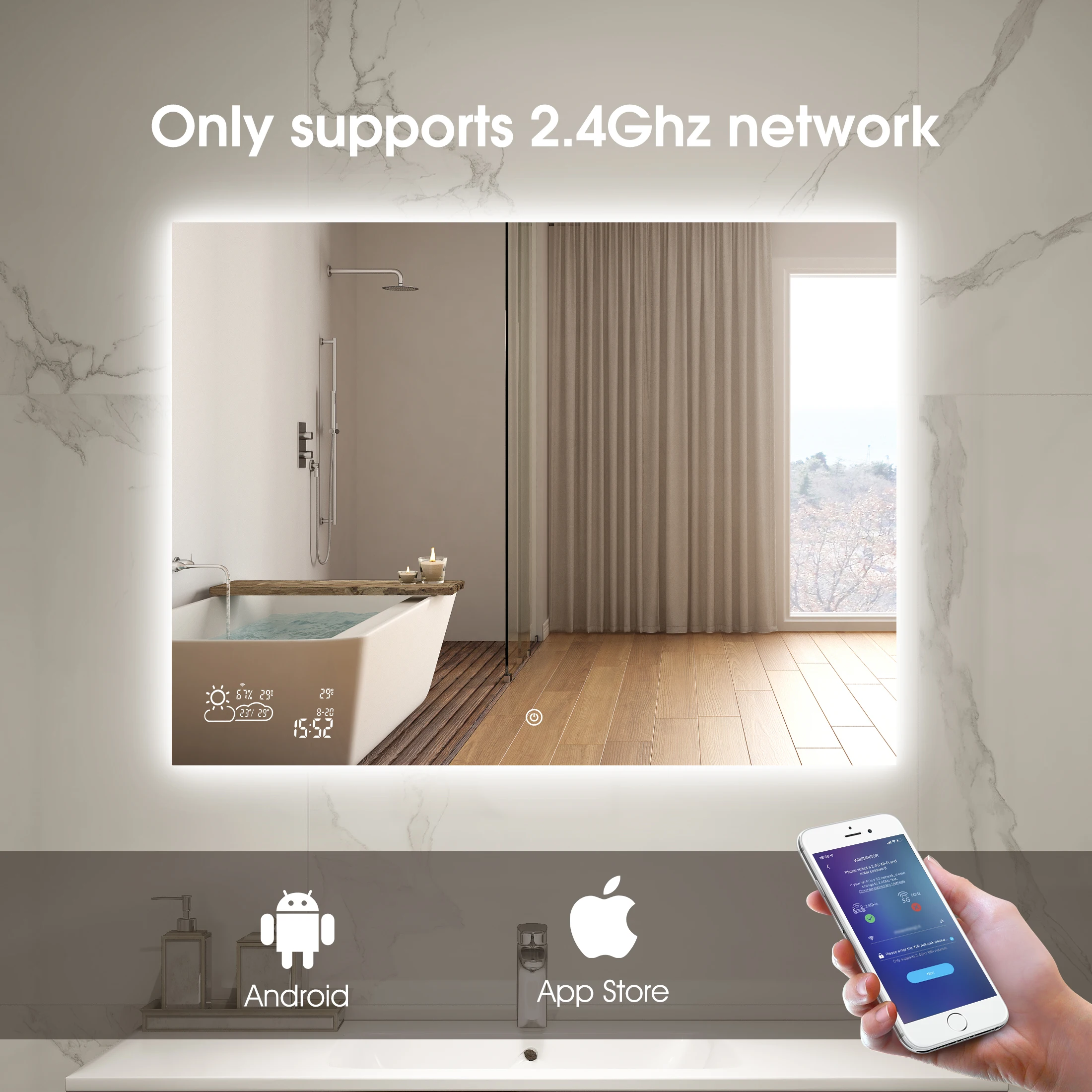 2024 bathroom smart weather mirror with clock heating function