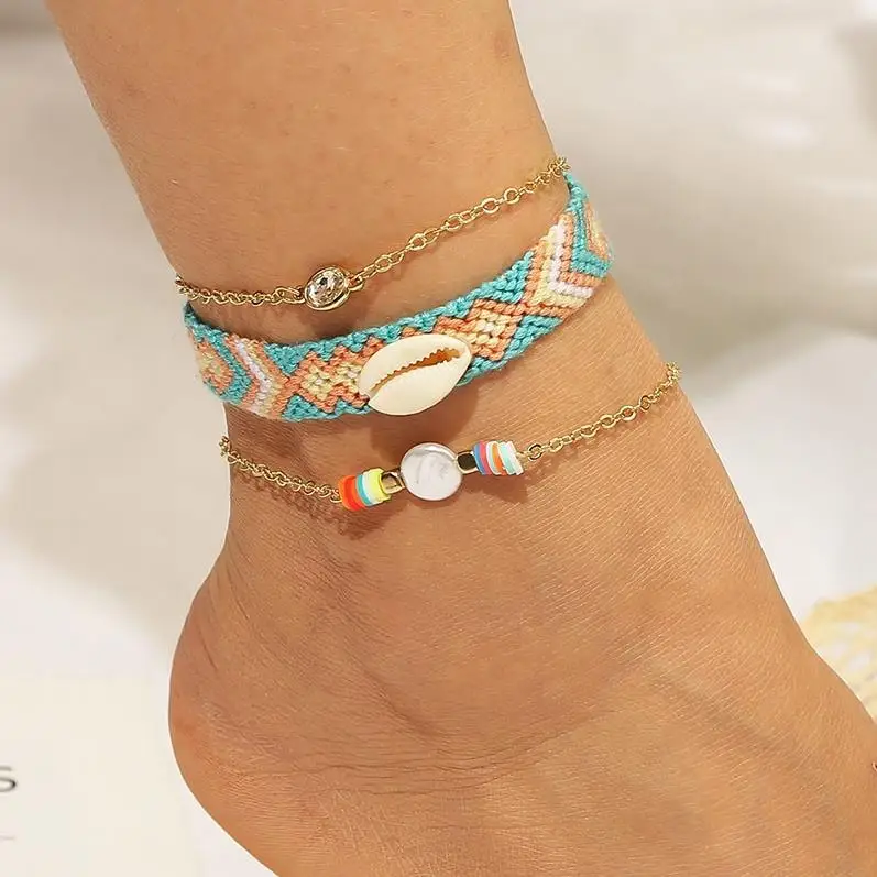 Bohemian Shell Rope Braided Multicolor Soft Ceramic Suit Anklet Female Cross-border Multilayer Body Chain Jewelry