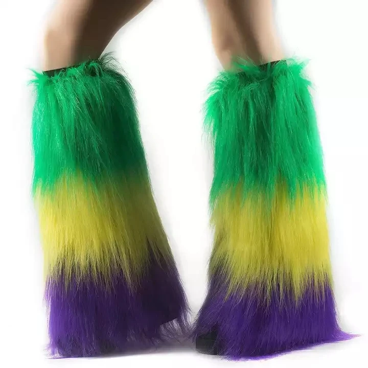 Wholesale Purple Green Gold Fluffy Leg Warmers Furry Mardi Gras Leg Warmers For Women