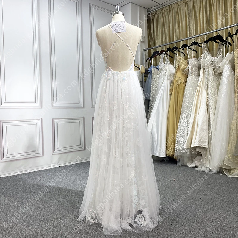 KDG Tulle long sleeves deep V-neck Straps A-line Full lace tulle Wedding Dresses Bridal High Quality Cutout Fine Printed Lace