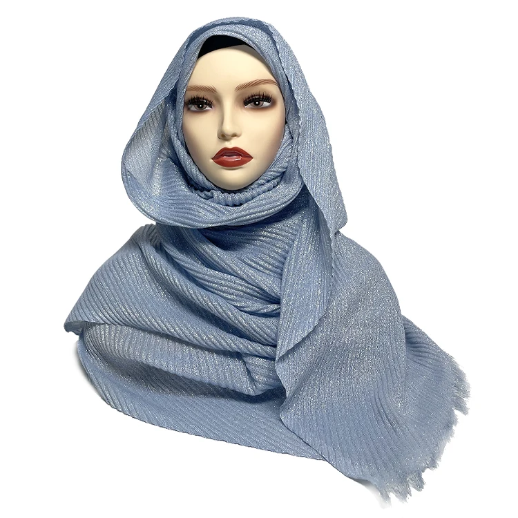 wholesale custom lady premium shimmery knit headscarf shiny crinkle hijab veil tassels shawls golden turbans women design 2024