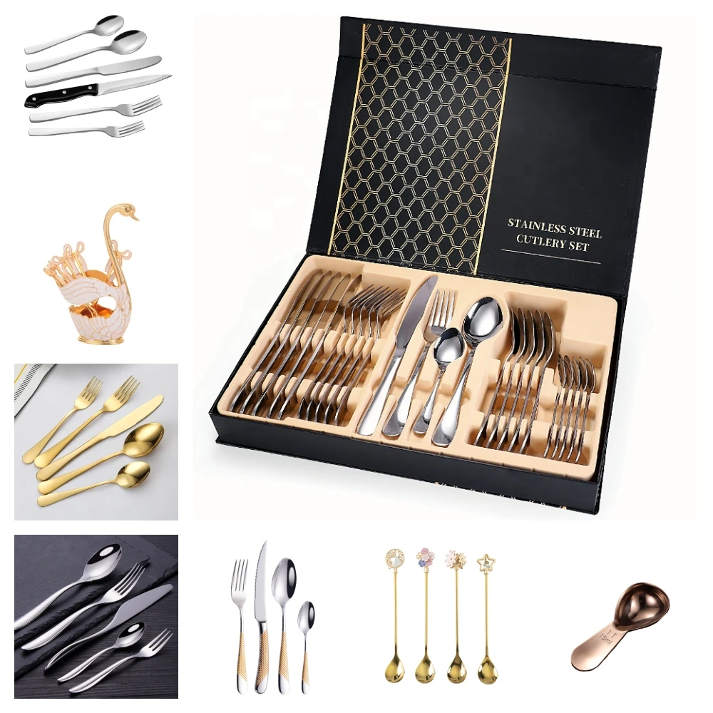 HOMEFELT OEM/ODM Gold Colours Rose Gold Black Silver Stainless Steel Knife Fork And Spoon Flatware Cutlery Set