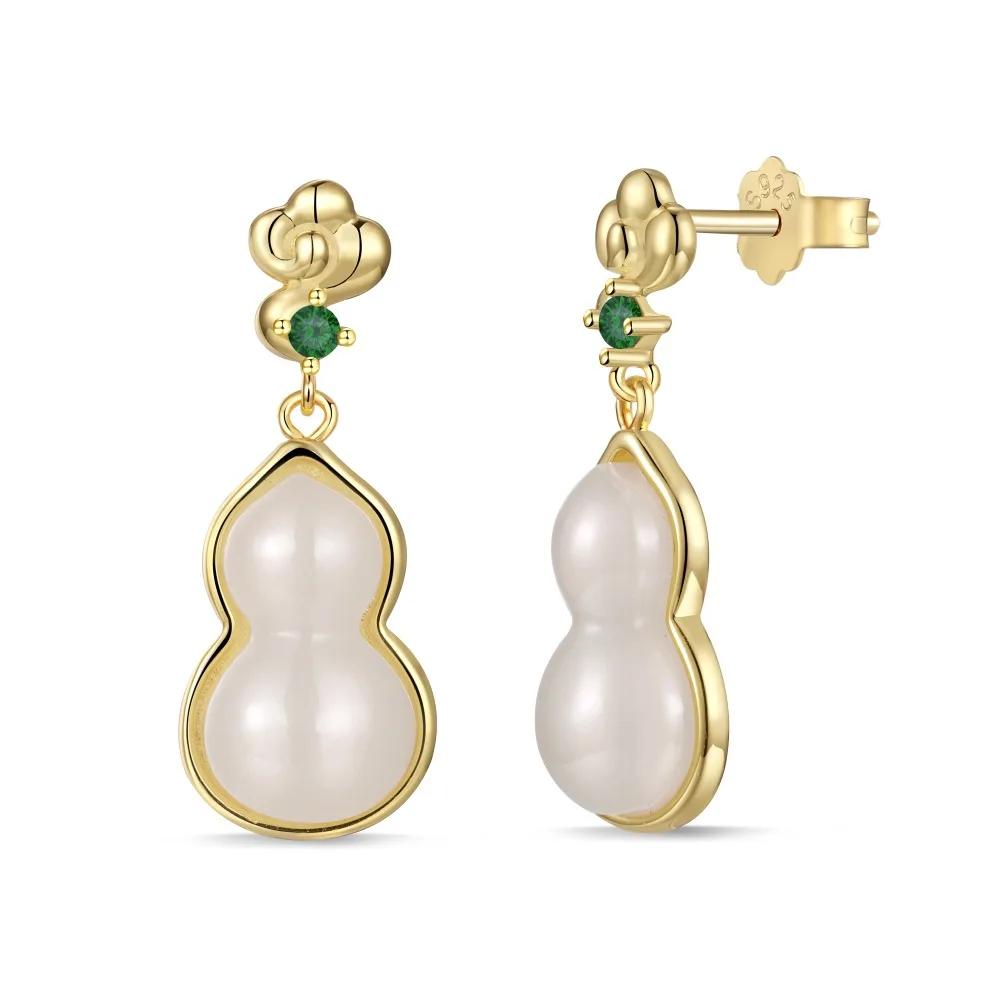 New S925 pure silver ear nail female gourd pendant design Hotan Jade series fashionable female earrings wedding jewelry