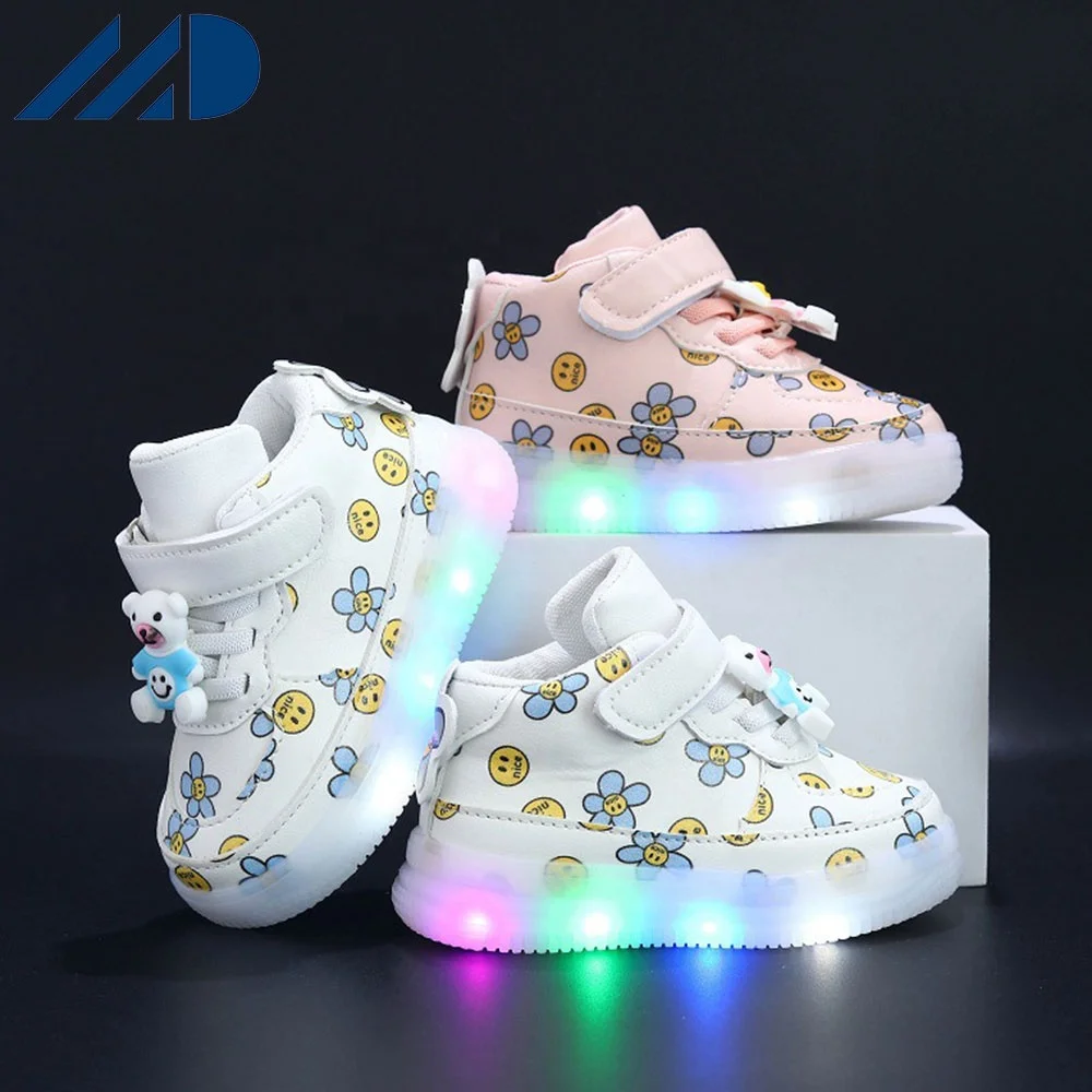 2023 Kids Sneakers  Baby Girls Boys Flower Printed Mesh Led Luminous Sport Run  Shoes Sapato Infantil Light Up Shoes