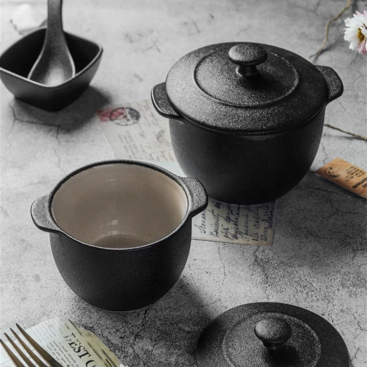 2022 New Arrival Home Used Food Warmer Casserole Cast Iron Look Black Tableware Mini Ceramic Casserole with Lid