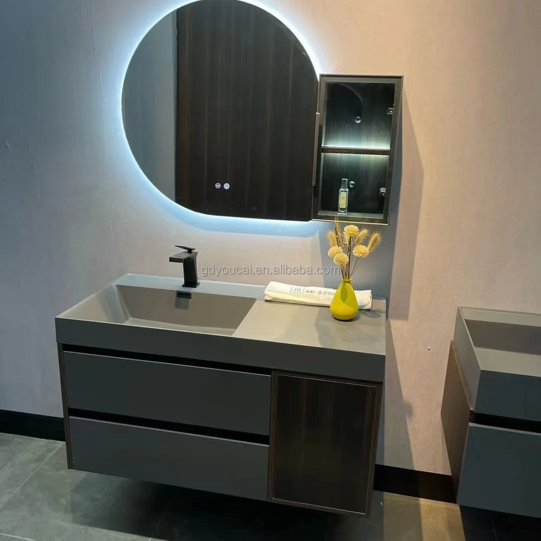 Sanitary ware slate countertop double basin bathroom vanity with LED mirror premium wall mount bathroom vanity