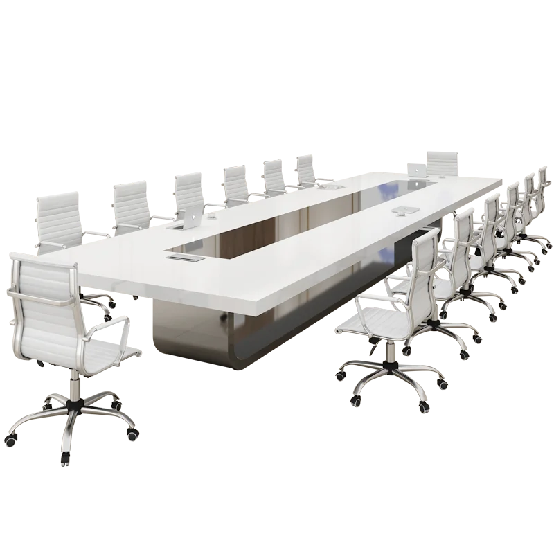 Стол длинный для конференций с белым рисунком, простой и современный большой тренировочный столик с тарелками и стульями, комбинированная мебель