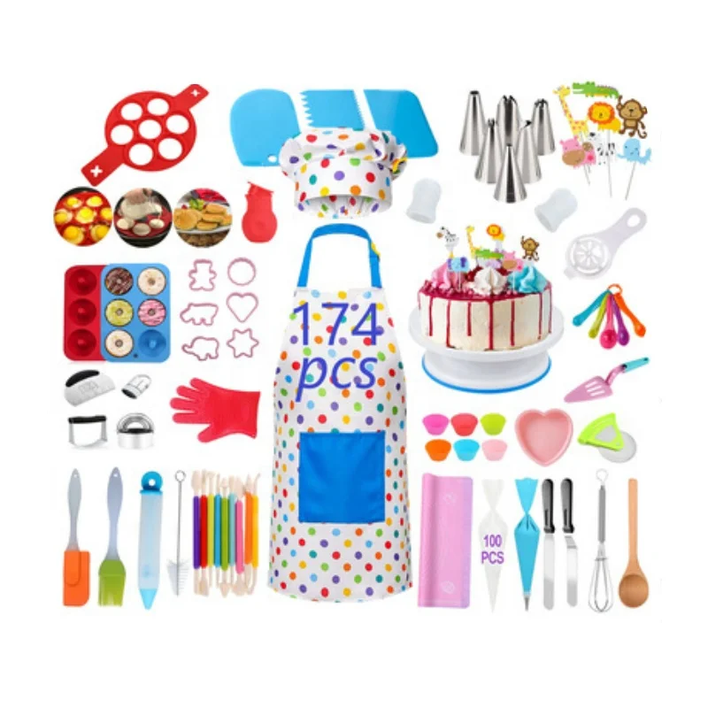 174pcs Cake Decorating Supplies Kit Baking Tools Kids Cake with cake Turntable animal card baking set