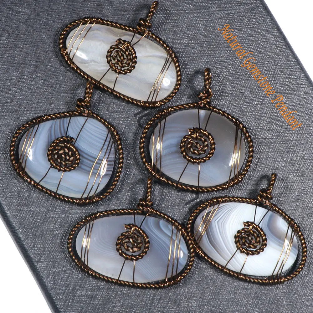 2022 New Arrivals Persian Agate Stone Necklace, Irregular Natural Botswana Agate Wire Wrapped Tumbled Stone Pendants Necklace