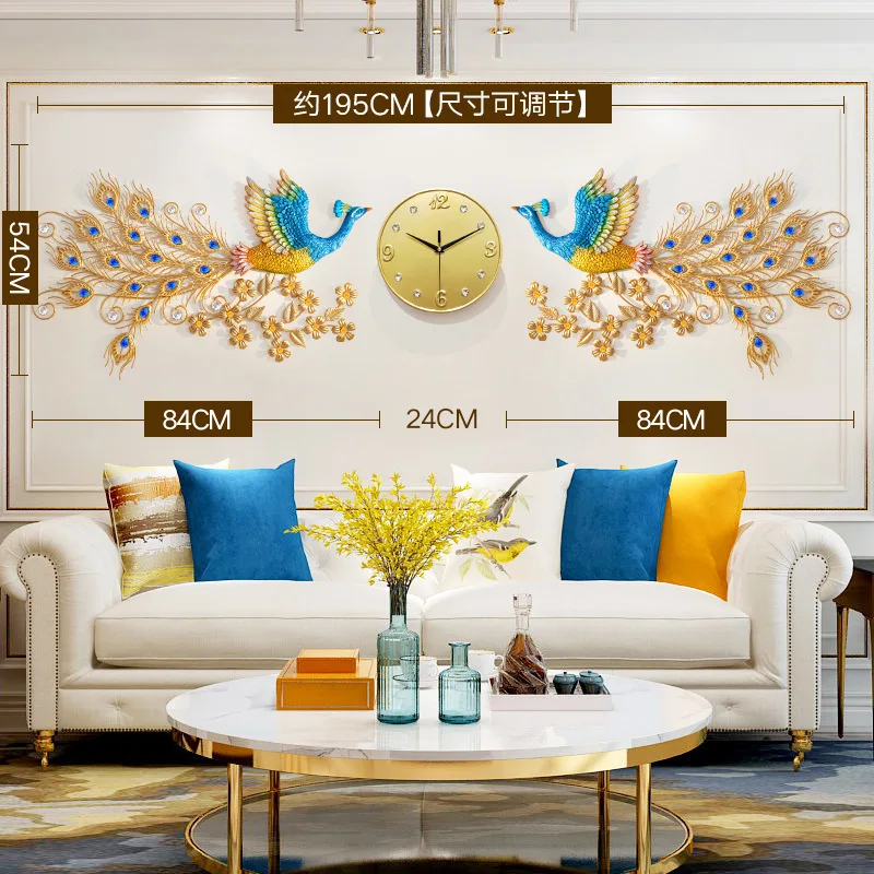 Oversized 3D Gold Home Decor Silent Quartz Metal Double peacock wall clock
